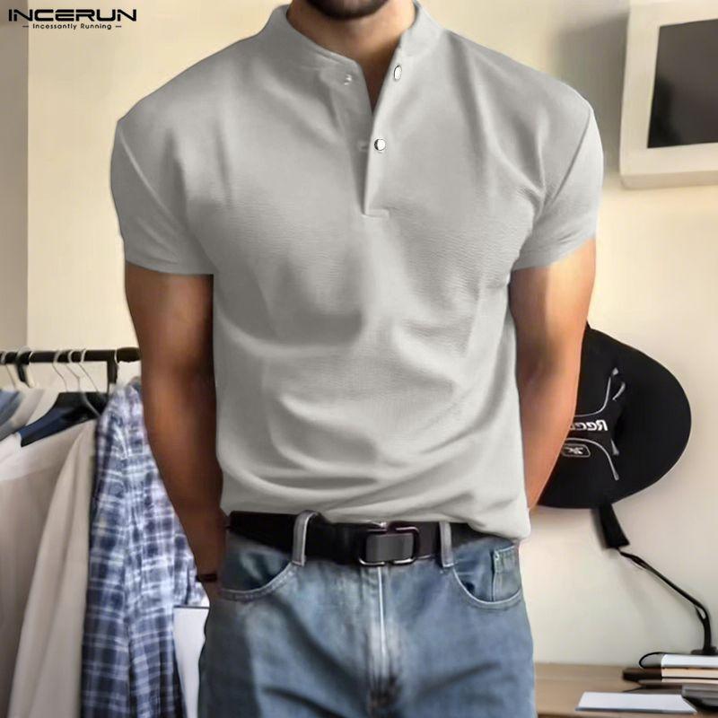 INCERUN Мужские повседневные футболки с коротким рукавом и воротником-стойкой, однотонные, вафельной текстуры