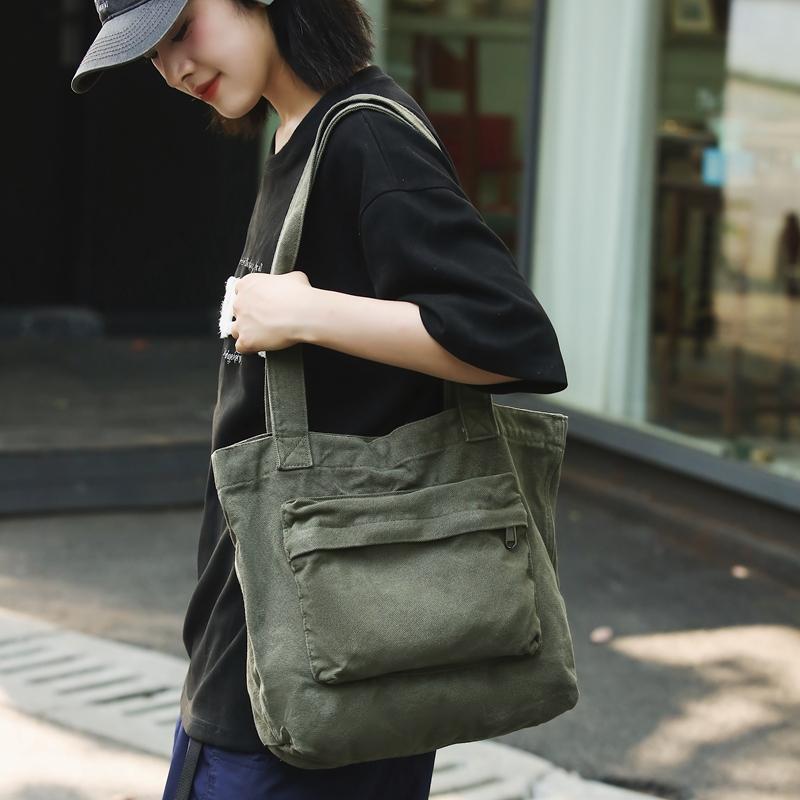 Tote Bag Women's Solid Color Large Capacity Shoulder Bag Student Canvas Underarm Bag