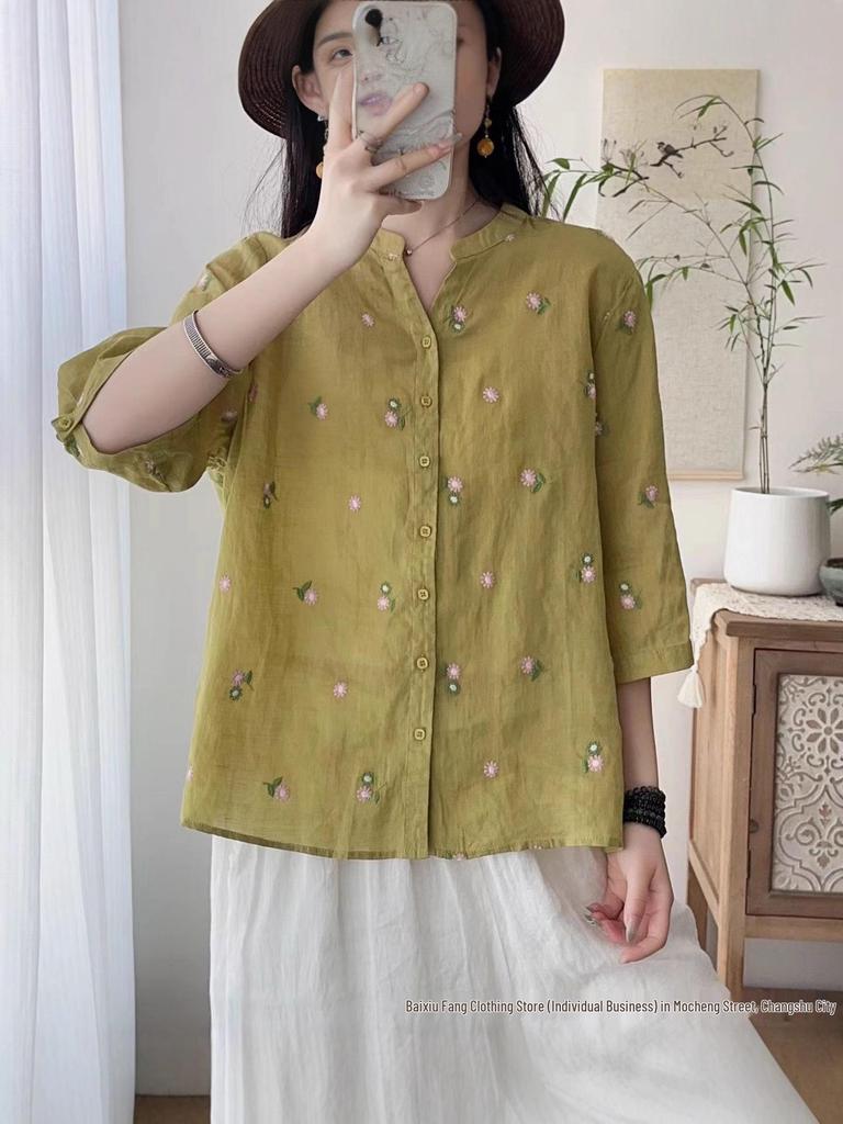 Linen Women's Retro Embroidered Stand Collar Shirt - Summer 2026 Short Sleeve