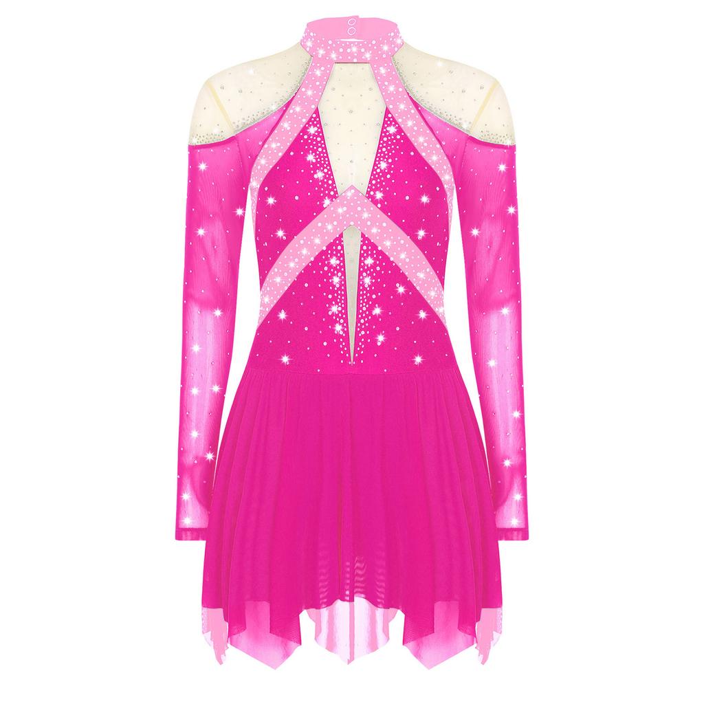 Женское платье для лирического танца, дизайн колор-блок, полупрозрачная сетчатая вставка, блестящие стразы, асимметричная танцевальная одежда