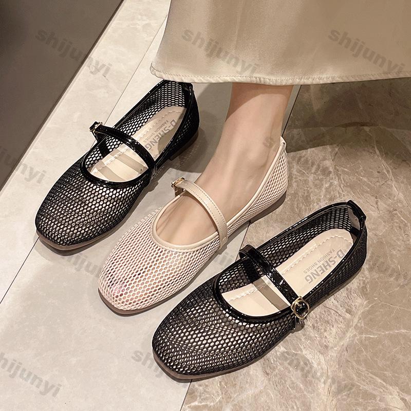Fashion Women Shoes 2025 Summer New Breathable Mesh Buckle Strap Square Toe Mary Jane Flat Shoes Comfortable Soft Sole Women Loafers