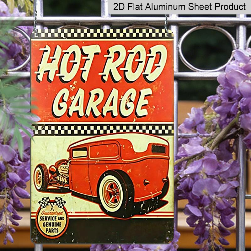 2D Flat, 1pc Vintage Hot Rod Garage Metal Sign - 8x12 Inch Retro 1950s Style Classic Hot Rod Car & Checkered Racing Design - Durable Aluminum Wall