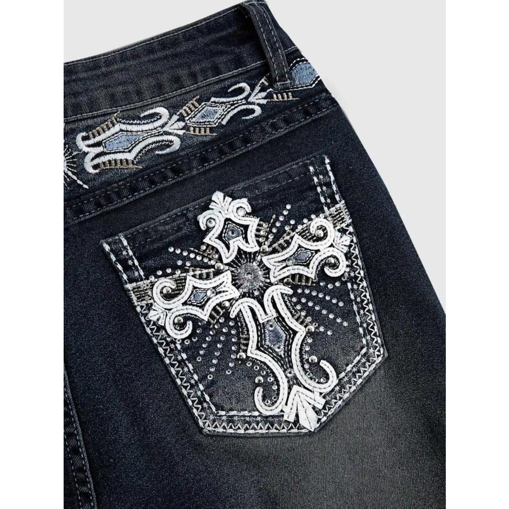 ZYLLO Джинсы Клеш Женские Винтажные Boot Cut Вышивка Карманы Стразы Стирка Женские Потертые Джинсовые Брюки Streetwear