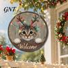 Front Entrance Decoration Wooden Christmas Welcome Sign, Animal Round Hanging Door Decor, Pet Theme Farmhouse Ornament for Window Garden Holiday Decor