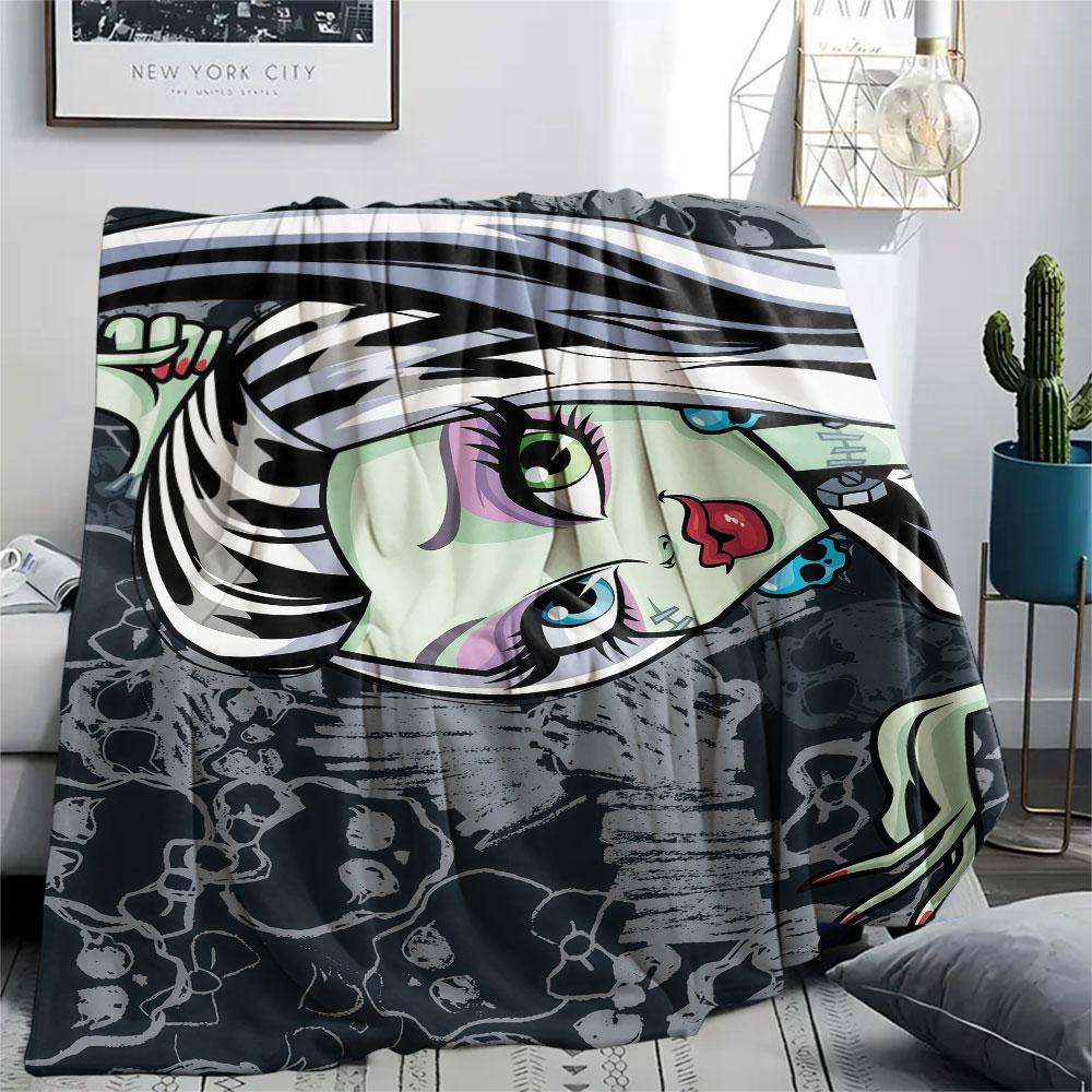 Frankie Stein Printed Flannel Blanket, soft throw for bedroom sofa, washable, fan merchandise, great gift.