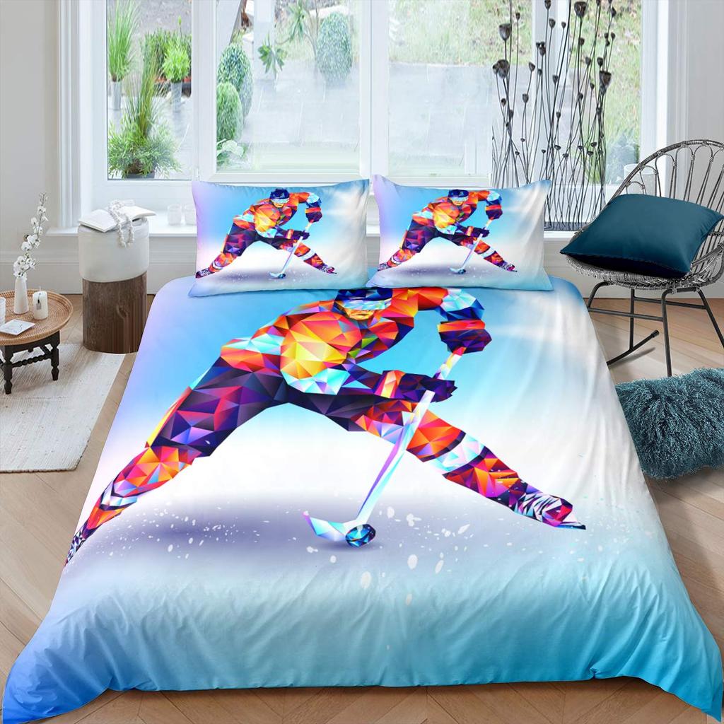 Ice Hockey Duvet Cover Twin Hockey Sports Player Bedding Set Winter Extreme Sports Game Comforter Cover Set Sports Arena Bedding