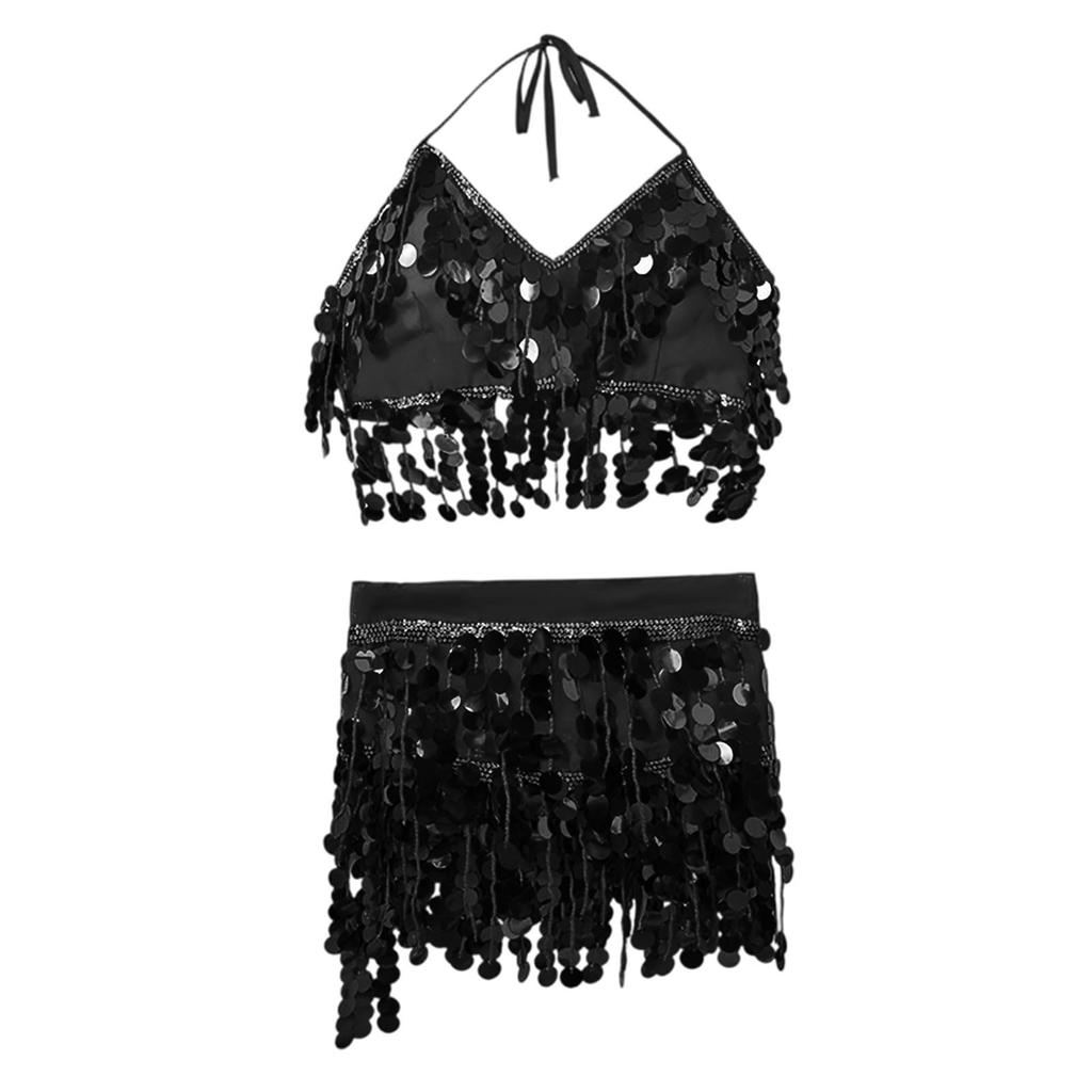 2 Pieces, Bra With Sequined Tassels, Fringed Top, Belly Dance Skirt, Carnival, Club, Costumes