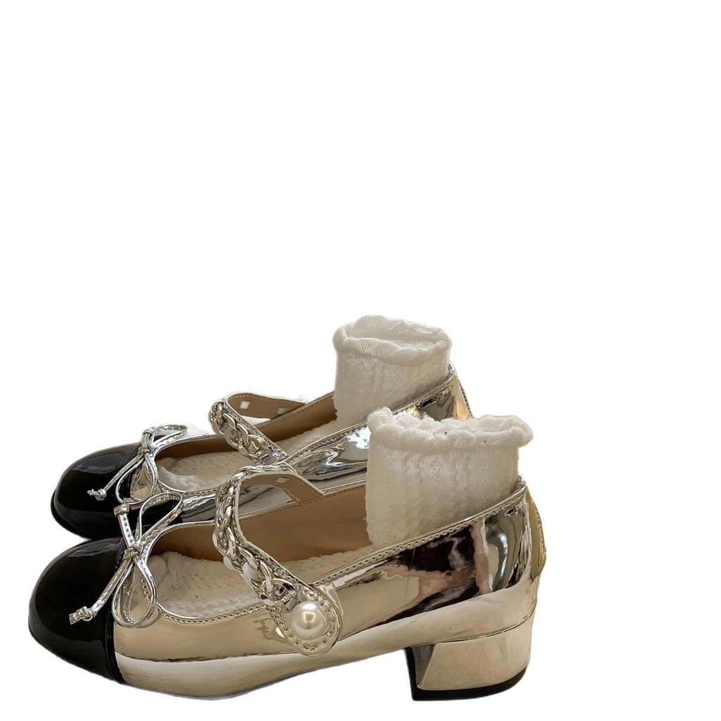 2025 Spring New Square Head Bow Shallow Mouth Mary Jane Shoes French Fairy Small Fragrant Wind Medium Thick Heel Single Shoes Women
