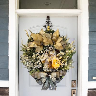 Венок Святого Семейства, рождественский венок с искусственными ягодами, шишкой, зимний религиозный венок на входную дверь с фигуркой Иисуса для