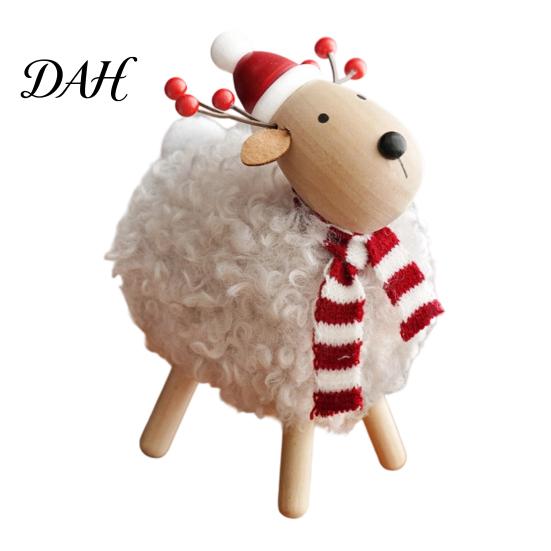 Festive Atmosphere Decorations Wooden Christmas Sheep Figurine with Scarf Santa Hat, Plush Fleece Decorative Items for Entrances Lamb Tabletop