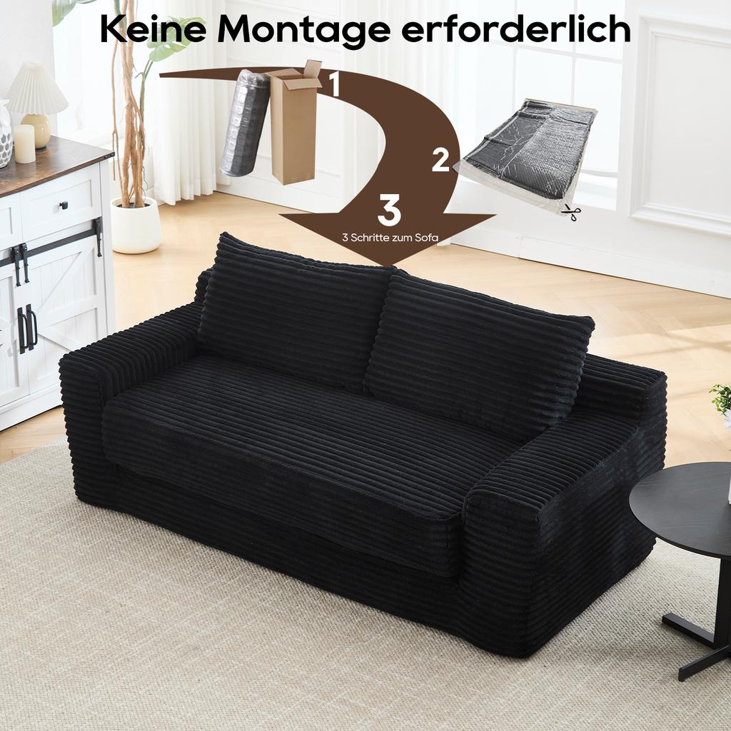 Two-Seater Sofa with Memory Foam - No Assembly Required, 2-in-1 Function, Corduroy Cover - Compact Sofa for Small Spaces, Home Office and Bedroom