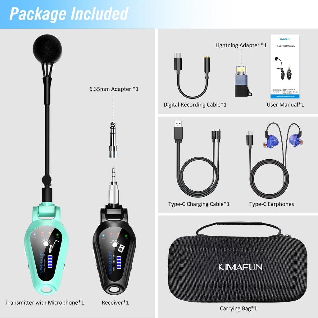 KIMAFUN Clip-On UHF Wireless Saxophone Microphone,with Reverb and Bluetooth Monitoring for Musicians,Audio Mixers,Speakers,PA