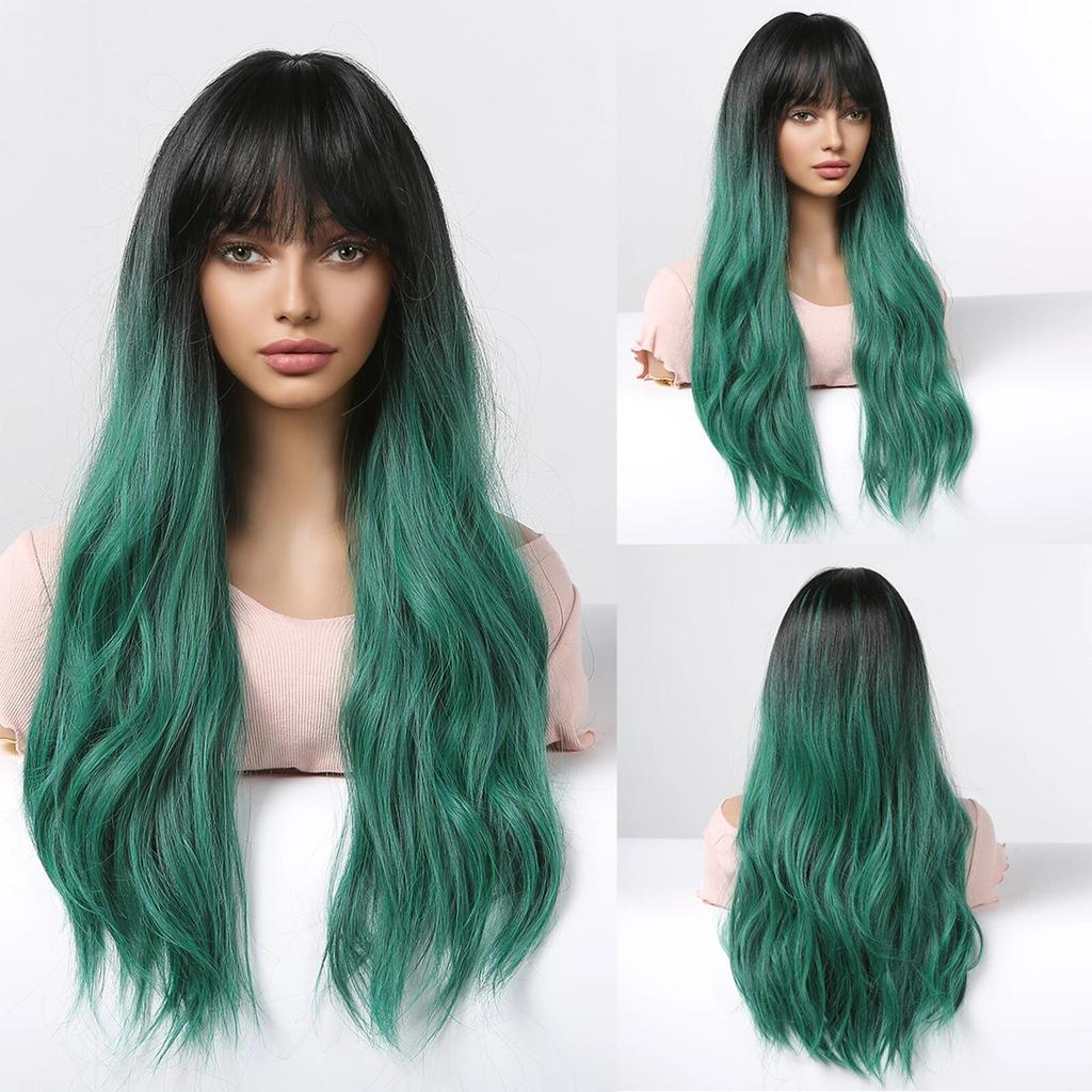 Розовый длинный волнистый синтетический парик с челкой, волосы Лолиты на Хэллоуин для белых женщин, красочный косплей, натуральный парик, термостойкое волокно