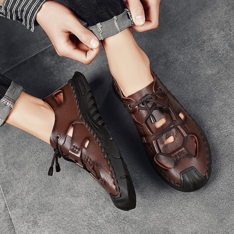 Модные мужские сандалии, пляжные лоферы, обувь для рыбалки и кемпинга, нескользящие сандалии на плоской подошве, мужская кожаная повседневная обувь, легкие трендовые сандалии