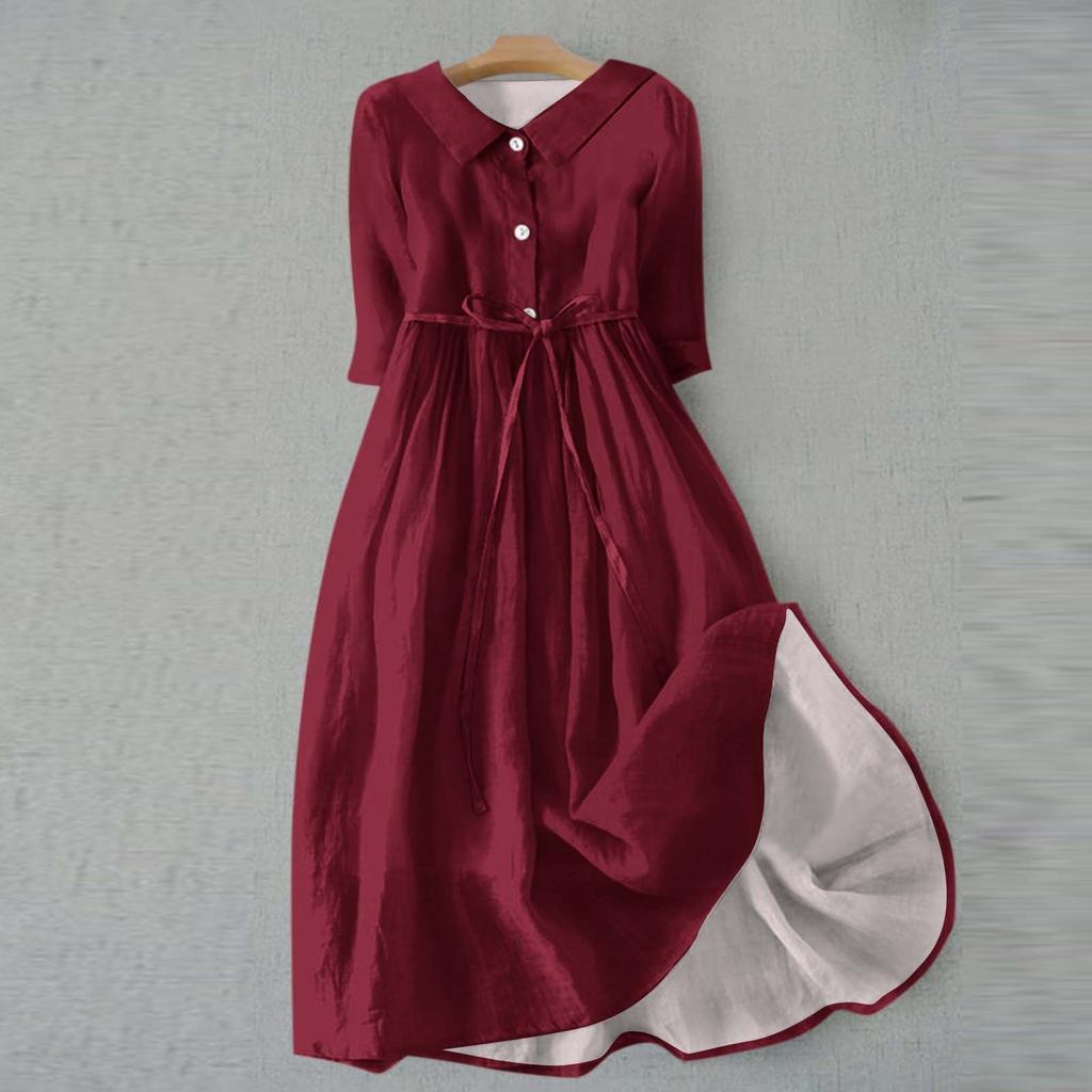 Женская мода повседневное однотонное платье с воротником с лацканами и рукавами 3/4 на бретелях
