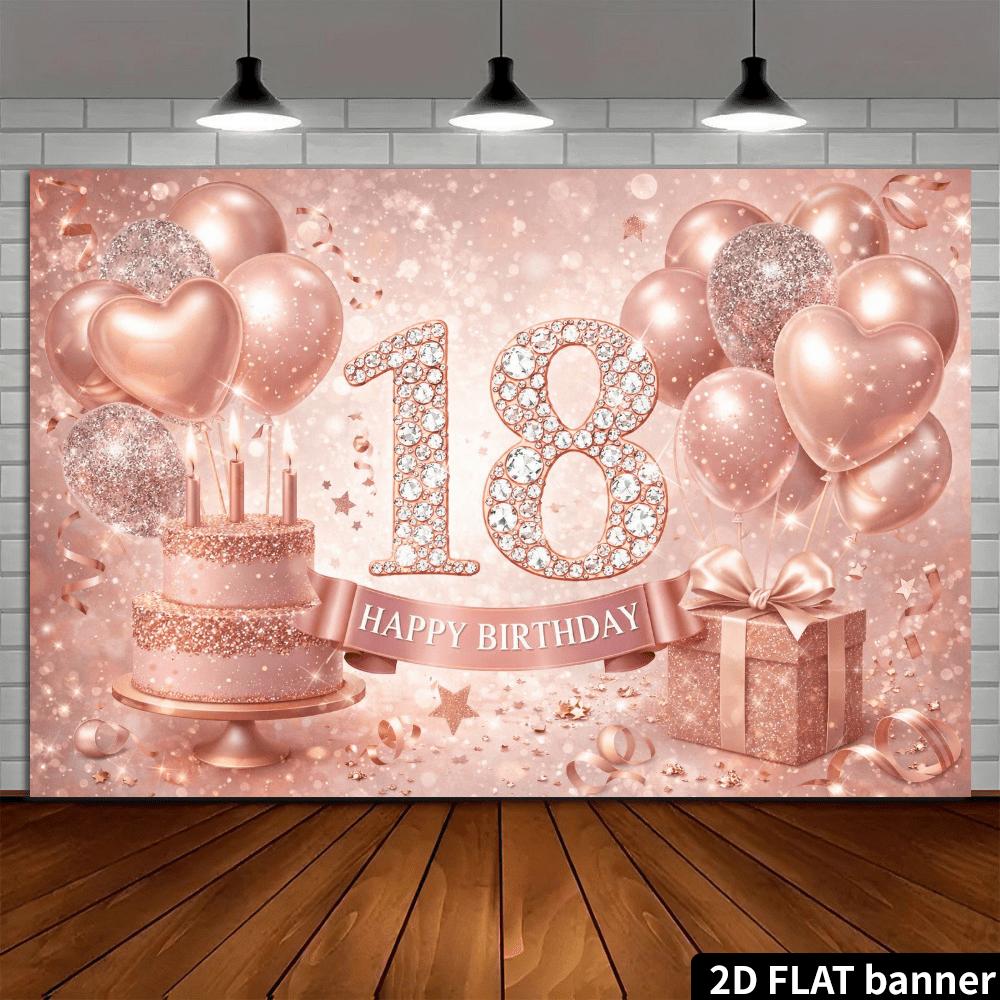 2D Flat Banner, Heart Balloon 18th Birthday Backdrop, Rhinestone Number 18, Pink and Golden Heart Balloons, Two-Tier Cake