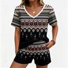 Summer Fashion Ethnic Style Pattern Printed V Neck Short Sleeved T-Shirt And Shorts Set Men's and Women's T-shirt Shorts Set