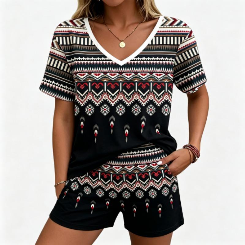 Summer Fashion Ethnic Style Pattern Printed V Neck Short Sleeved T-Shirt And Shorts Set Men's and Women's T-shirt Shorts Set