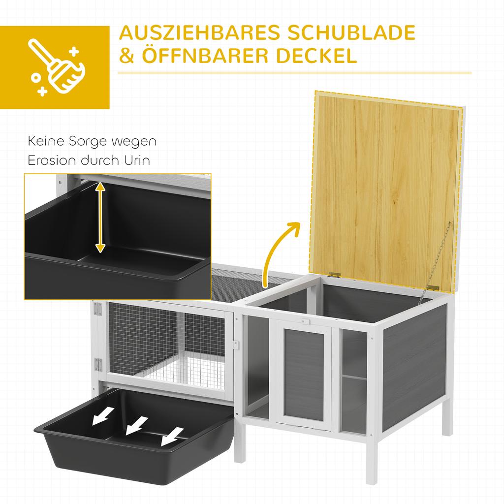 Wooden rabbit hutch with run, ramp, 3 entrances, pull-out tray, 105 x 57.5 x 51.5 cm, grey