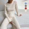 Fall Winter Women O Neck Long Sleeve Solid Color Wide Leg Pants All Match Two Piece Suits