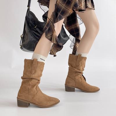 Ретро стиль толстый каблук средняя голень острый носок мартинсы женские осень и зима модные универсальные, стройнящие и подчеркивающие темперамент западный рыцарь