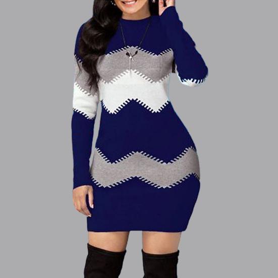 Women Autumn O Neck Long Sleeve Color Block Bodycon Warm Mini Sweater Dress