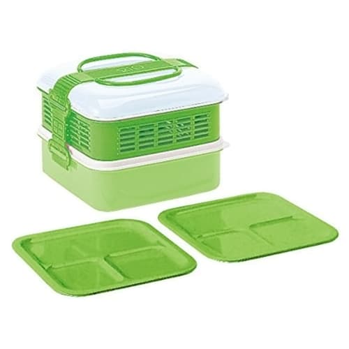 Sanko Plastic Rio Pack Lunch Box/Picnic Case, 2-Tier, with 2 Side Plates, N Green, Approx. W202 x D190 x H138mm