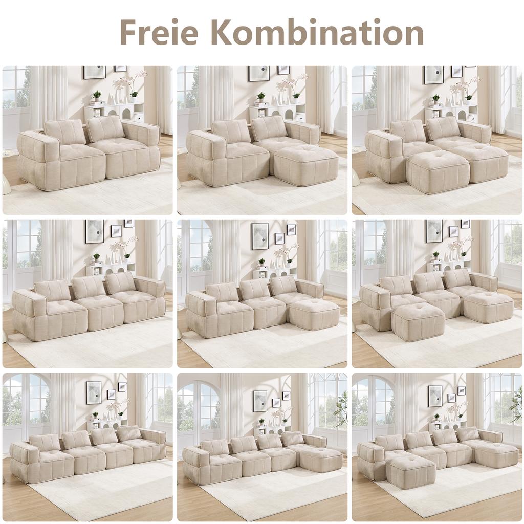 4-Seater U-Shaped Modular Sofa Without Frame, 2 Stools, 32D High-Density Foam, Soft Fabric Cover, Non-Slip, Living Room, No Assembly Required, Beige.
