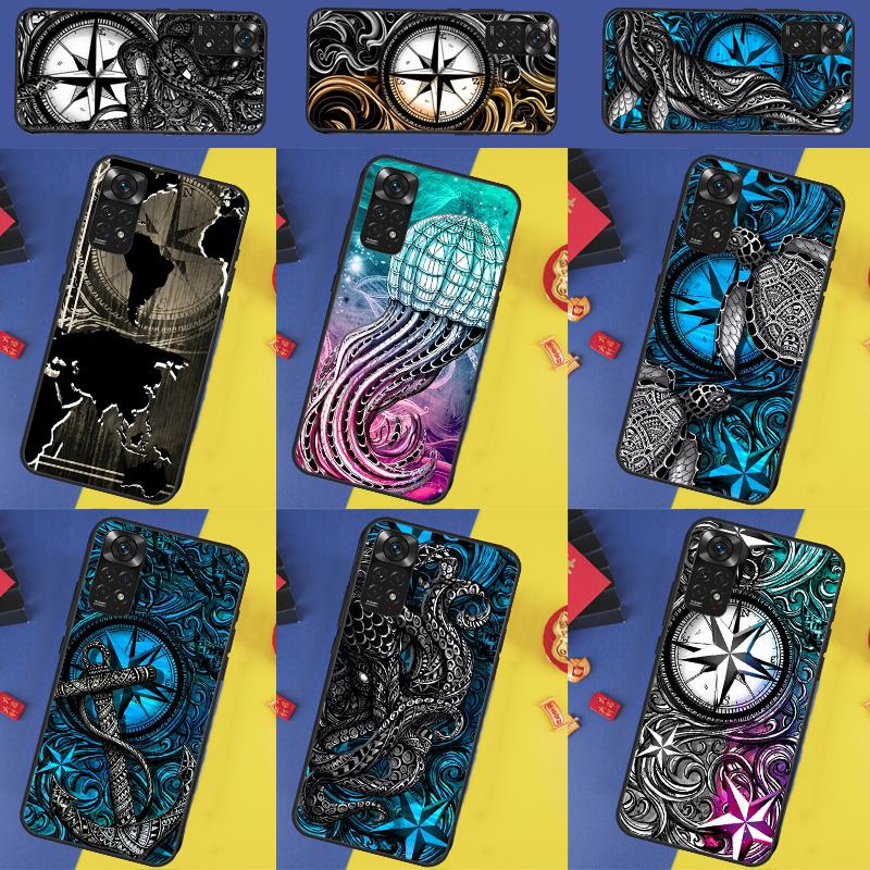 Sailing compass nautical Sea turtle Case For Xiaomi Redmi Note 13 Pro 14 9 10 11 12 9S 10S 11S 12S Redmi 14C 10C 12C 13C Cover