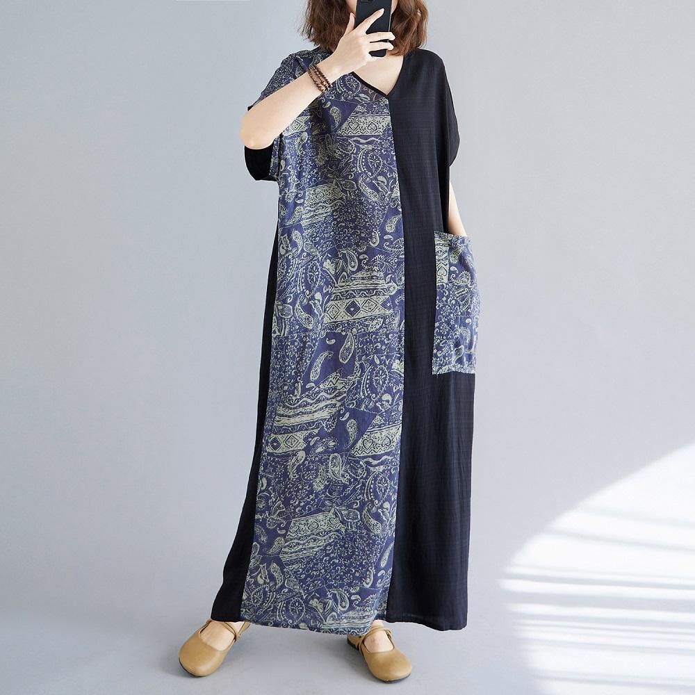 Короткий рукав Плюс размер винтажный пэчворк новые платья для женщин повседневное свободное длинное летнее платье