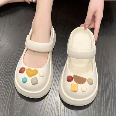 Тапочки женские на пуговицах с мультяшной подошвой, туфли с толстым дном и отверстиями, сандалии с половиной буксира, тапочки