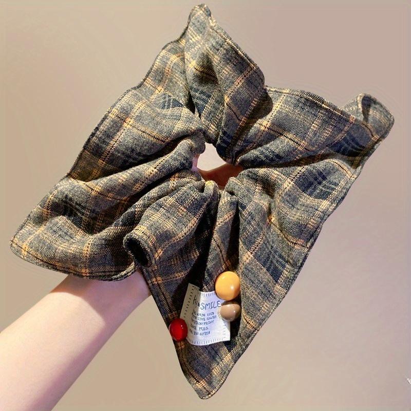 1pcs College Style Red Checkered Square Scarf with Large Intestine Headband, Women's Meatball Head Low Ponytail Square Headband Accessory.