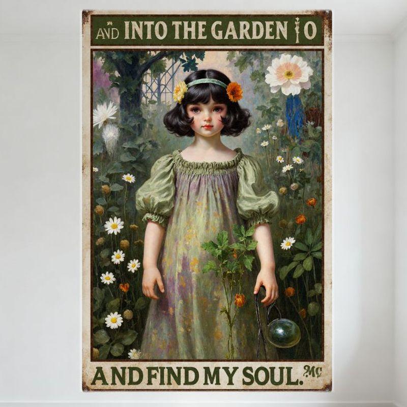 Vintage Style Young Girl in Lush Garden Metal Tin Sign - 'AND INTO THE GARDEN 10' Art Nouveau Romantic Poster for Home Decor, Ba