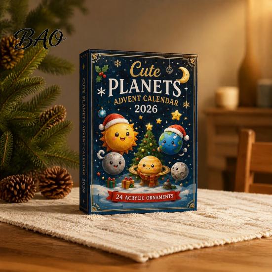 Kids Room Holiday Ornament Space Advent Calendar, 24Pcs 2D Flat Acrylic Set with Planet Creative Calendar Box Star Designs, Christmas Tree Hanging