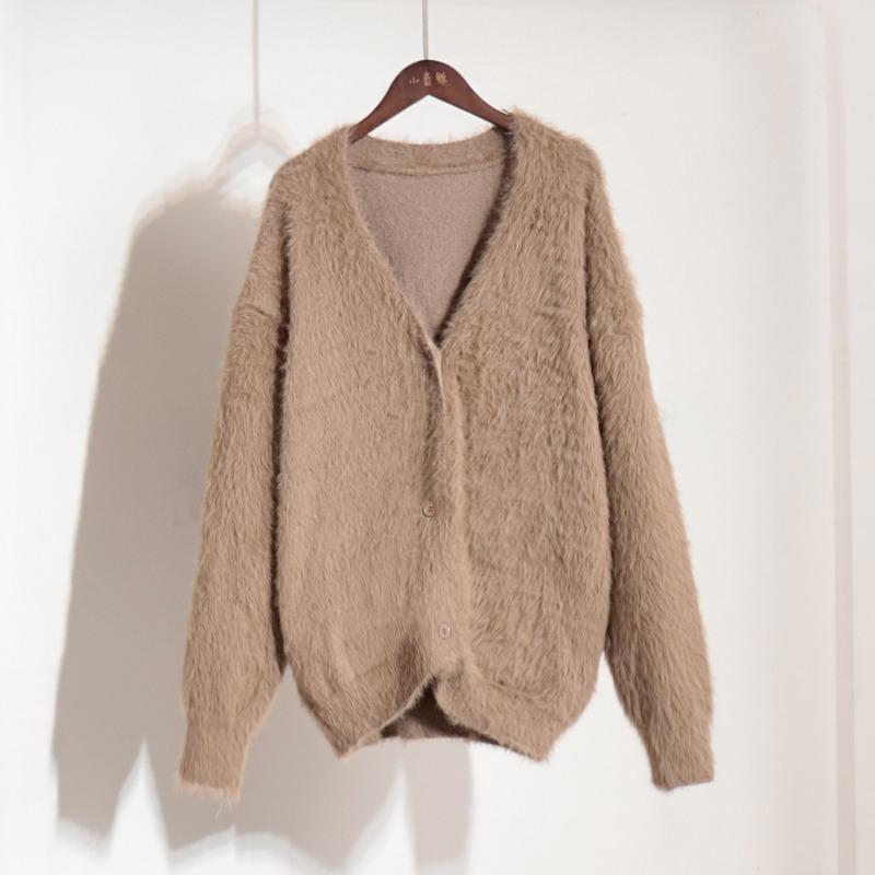 Женский осенне-зимний вязаный кардиган, свободный свитер с длинным рукавом и V-образным вырезом