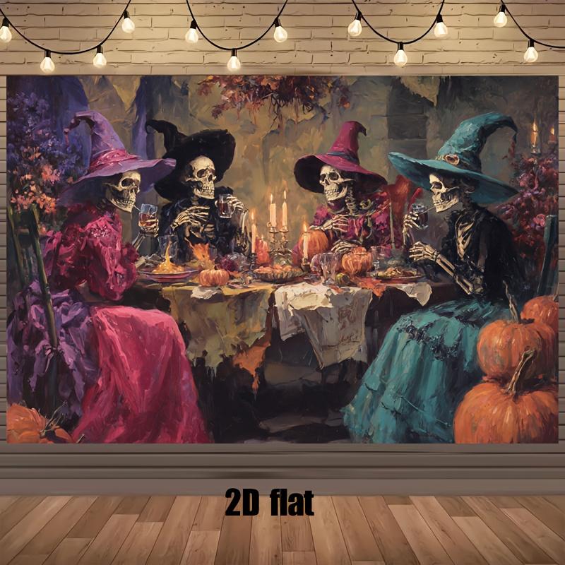 2D plane, 1 Gothic Halloween party background banner - 2D plane design of a skull-witch tea party