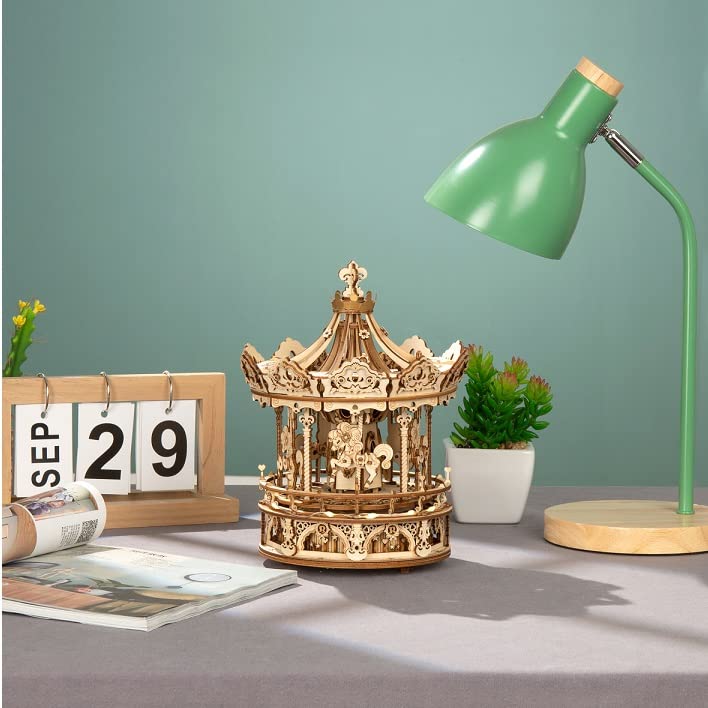 3D движущаяся деревянная головоломка со светодиодами и музыкальной шкатулкой с японскими инструкциями Tsukurundesu® (Пони-карусель)