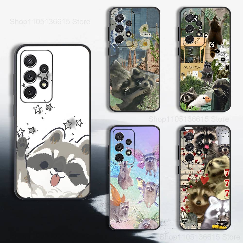 Cute Raccoon Animal Phone Case For Samsung S25,S24,S23,S22,S21,S20,S10,Ultra,Plus,Lite,FE,Soft Silicone Black Cover