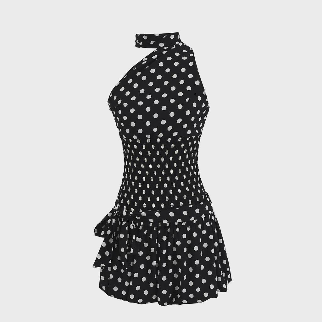 Топ-халтер в стиле ретро в горошек 2025 года + мини-юбка А-силуэта со шнуровкой и заниженной талией