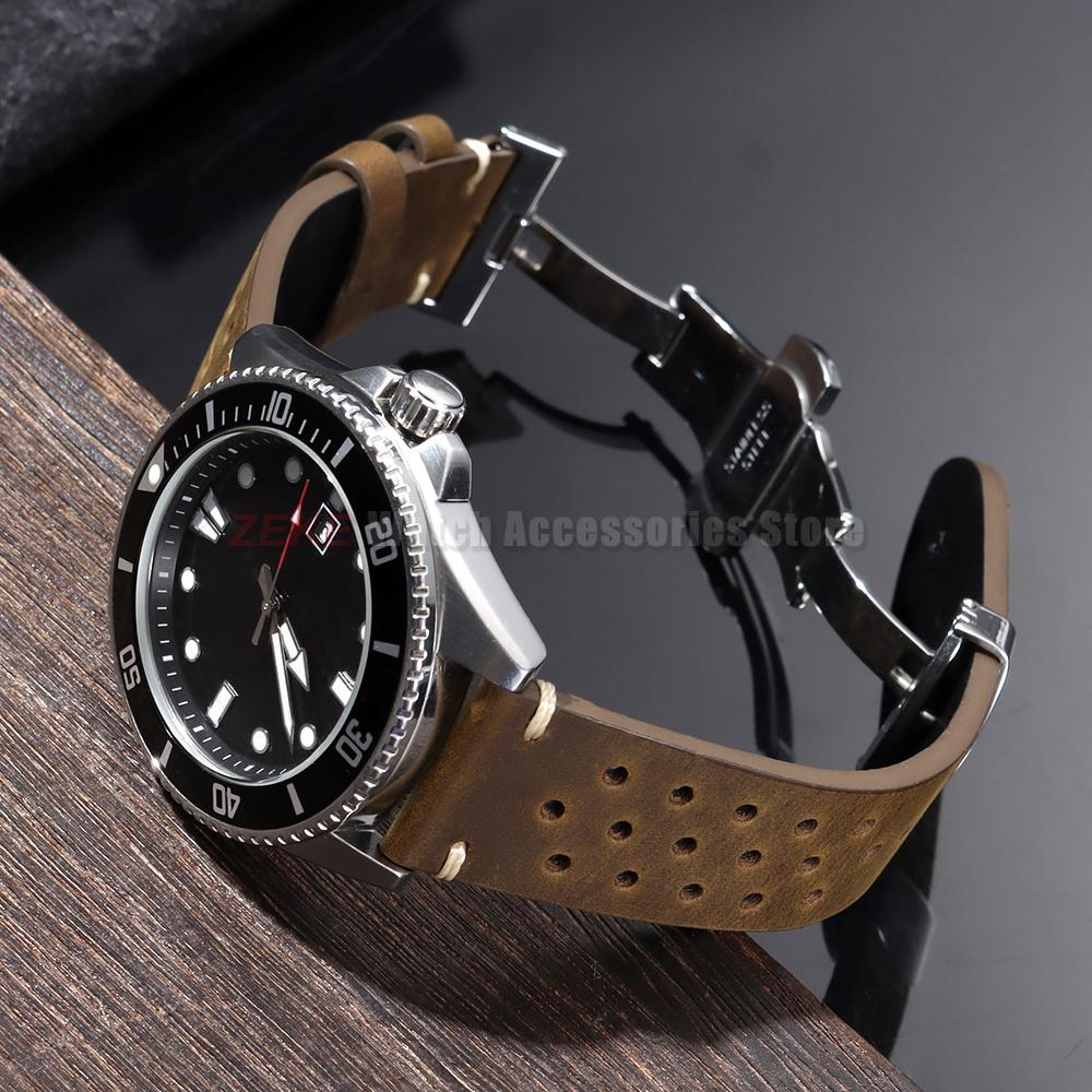 18mm 19mm 20mm 21mm 22mm 24mm Breathable Porous Watchbands Vintage Racing Leather Watch Strap for Seiko for Rolex Wristband Belt