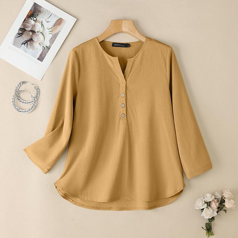 ZANZEA Женская повседневная блузка с V-образным вырезом и рукавом 3/4, свободного кроя, тонкая
