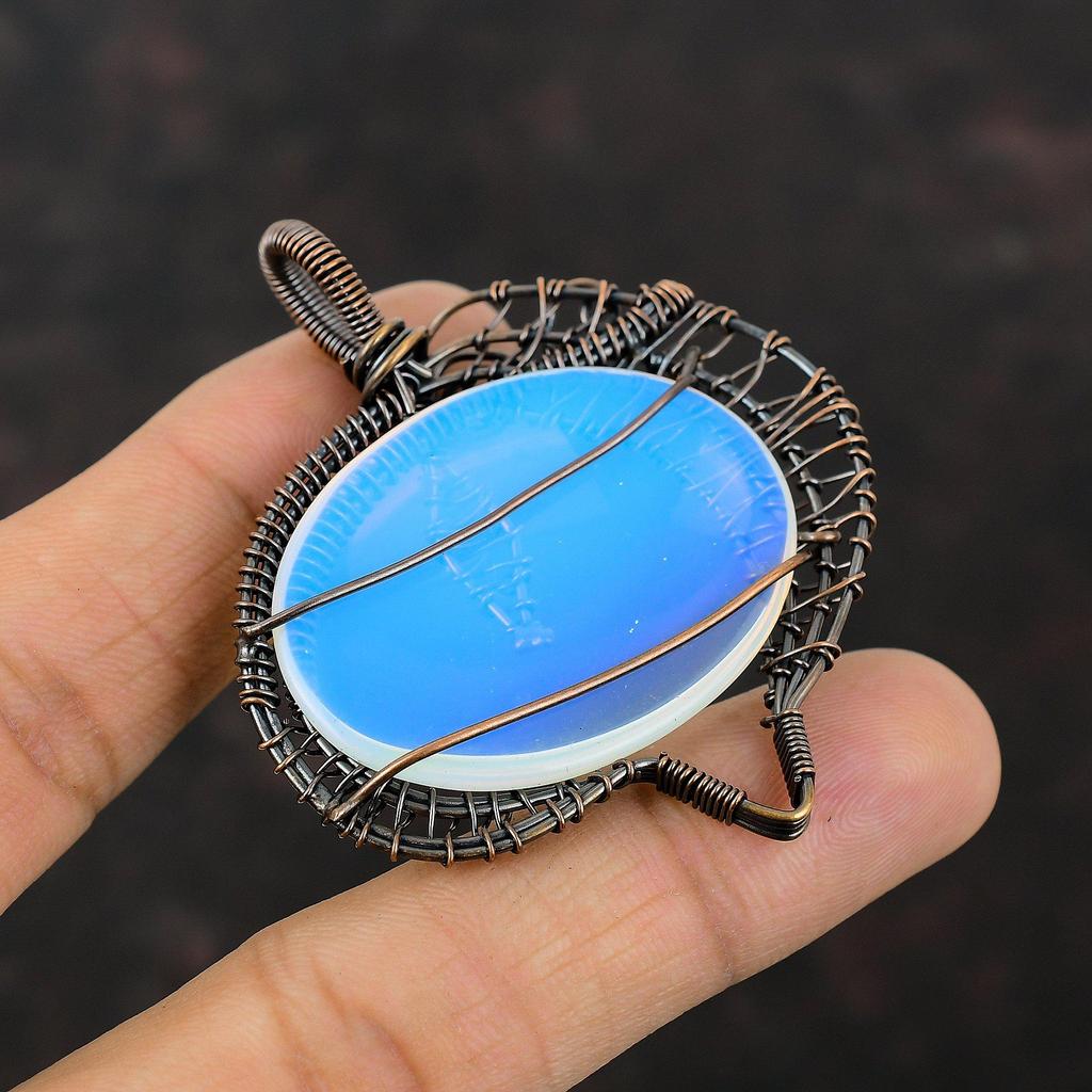 Подвеска из молочного опала, обернутая медной проволокой, ручная работа, ювелирные изделия из молочного опала, уникальный кулон из драгоценных камней, обернутая медной проволокой, ювелирная подвеска для подарка