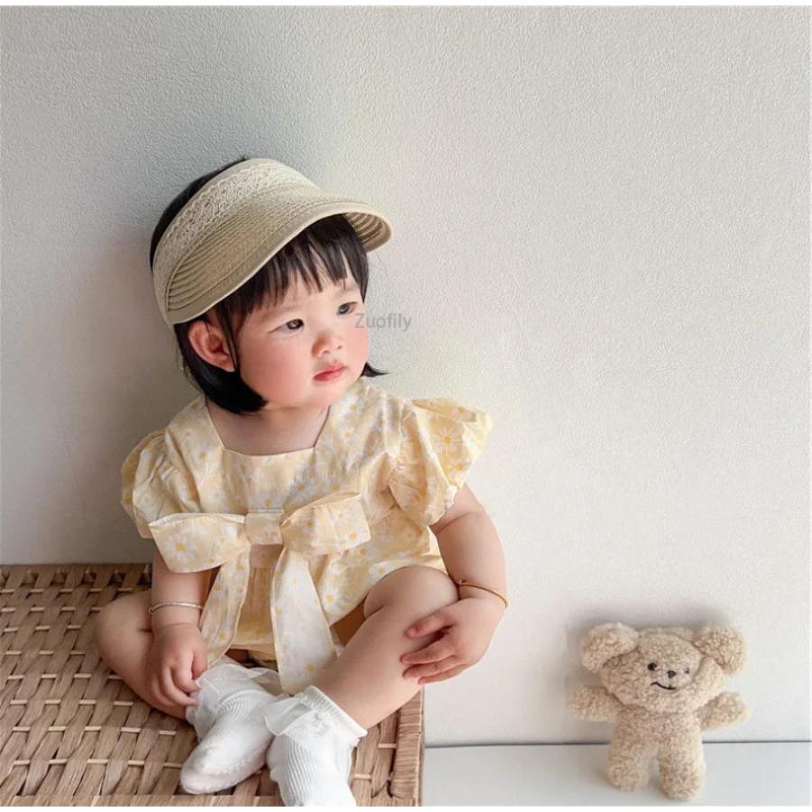 New Korea Style Baby Straw Caps Kids Sun Hats Empty Top Big Bow Hat Child Straw Sunshade Sunscreen Hats Baby Accessories Newborn