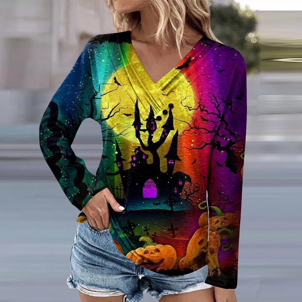 Long Sleeve Blouses For Women Casual V Neck Button Down Shirt Halloween Print Blouse Tops Loose Fit Fall Shirt Top