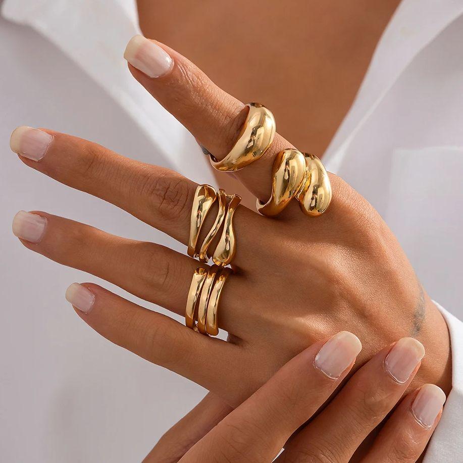 Ingemark Minimalism Hollow Water Droplet Curved Surface Rings Women Punk Simple Metal Irregular Chic Knuckle Ring Couple Jewelry