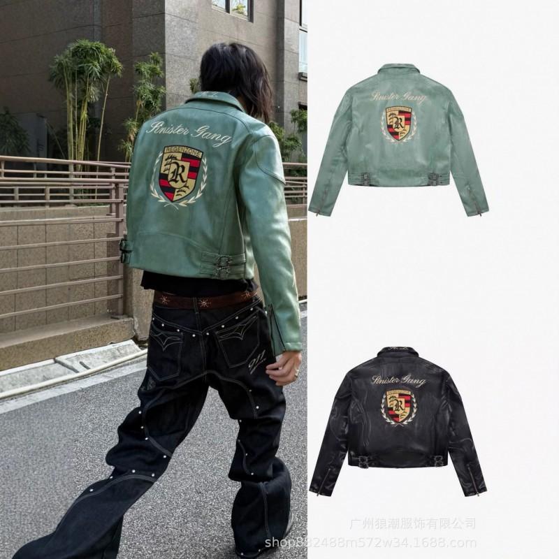 Mens Short PU Leather Biker Jacket With 911 Patch Embroidery Streetwear Style Loose Fit