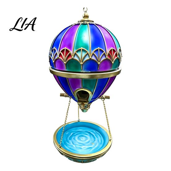 Outdoor Bird Feeder Hot Air Balloon Feeder, Retro Stained Glass Art with Water Tray, Hanging Bath for Garden Patio Backyard Wild Station