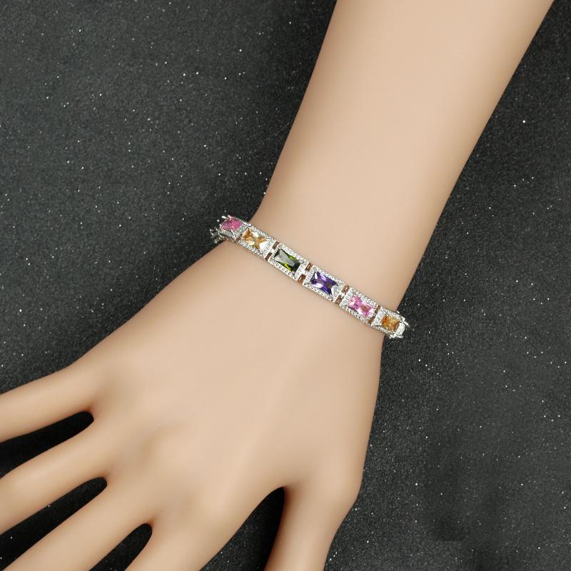 WWJ Trendy Women Wedding Wristband Princess Cut Cubic Zirconia Multi Color Bracelet