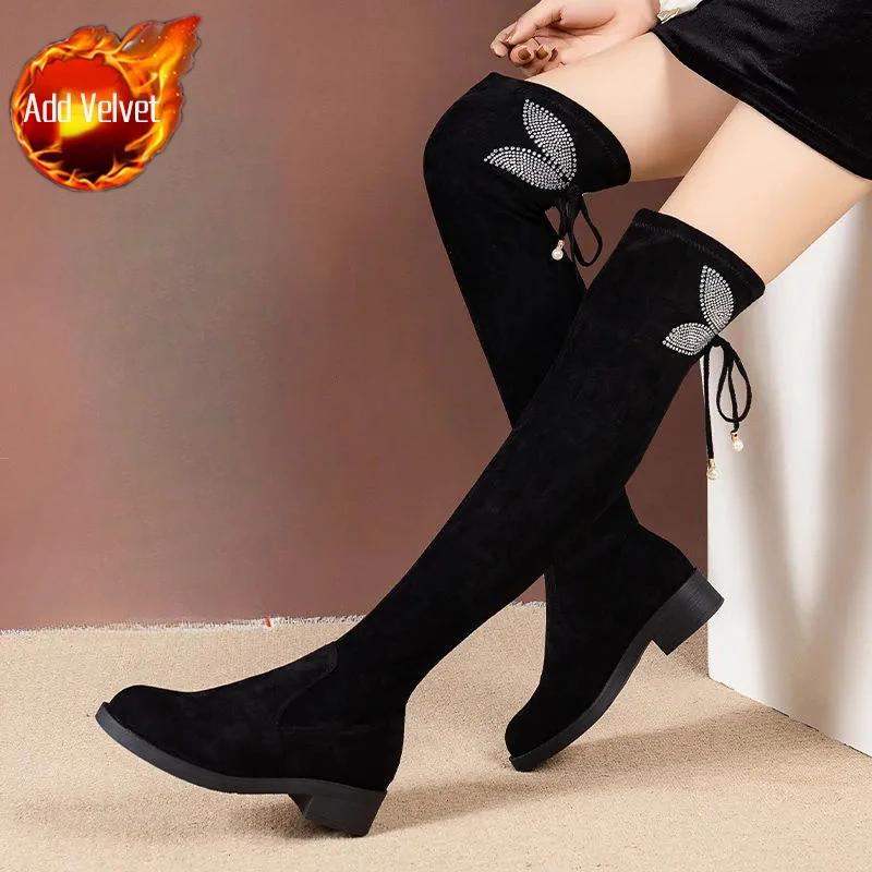 Ladies Knee High Shaft Shoes Pointed Toe Winter 2024 Middle Heel Chic and Elegant Women's Long Boots Spring Autumn On Offer Boot