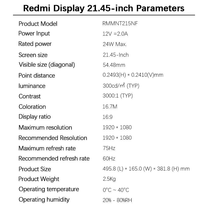 Xiaomi Монитор Mi Display 21,45 дюйма Компьютерный монитор 1080P Full HD 75 Гц Частота обновления Низкий синий свет